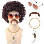 6pcs Set 70s 80s Disco wig with Mustache Glasses Artificial Wolf Necklace Gold Chain Short Curly Synthetic Hair Afro Mens Wig for 60s Rocker Hippies Costume Cosplay Halloween Party (Reddish Brown)