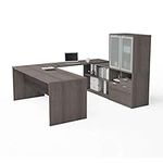 Bestar i3 Plus U-Shaped Executive Desk with Frosted Glass Doors Hutch, 72W, Bark Grey