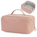 WANDF Portable Cosmetic Bag Opens Flat Travel Makeup Bag Vegan Leather Zipper Pouch Large Capacity Cosmetic Organizer for Women (Pink)