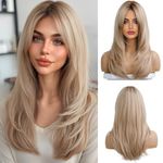 OUFEI 20 Inches Long Straight Blonde Wigs for Women Layered Synthetic Hair Ombre Wig with Dark Roots for Daily Party Cosplay Wear