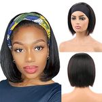 Huarisi 8 inch Short Bob Headband Wigs Human Hair Straight Blunt Cut Brazilian Hair Wigs No Lace without Bangs Natural Color 150 Density Can be Restyled for Women