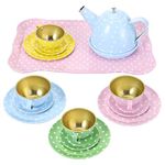 NUOBESTY 15pcs Princess Pretend Tinplate Teapot Party Set Pretend Toy Tea Set Role- Playing Tea Party Kitchen Playset for Toddlers Including Tin Tea Set