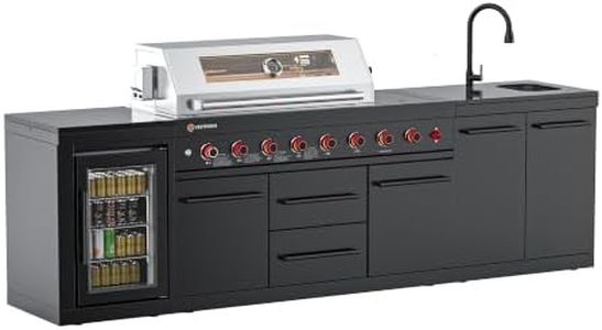 VESTIVIUM All-in-One Outdoor Kitchen Island, Expandable Modular Grill Station with 6 Burner, Double Door Sink, Refrigerator, SS304 & White Stone Countertops, Perfect for Backyard Patio Entertaining