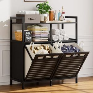 ClimbHope 32 Gal Bamboo Tilt Out Laundry Hamper Cabinet with 2 Bag, Black