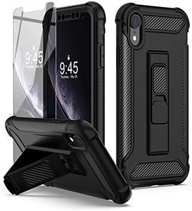 ORETECH Compatible with iPhone XR Case, with [2 x Tempered Glass Screen Protectors] [Heavy Duty Protection] [Kickstand & Phone Holder] 5 in 1 Full Body Shockproof Protective Cover for iPhone Xr -Black