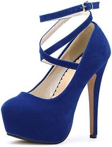 OCHENTA Women's Ankle Strap Platform Party Closed Toe Dress High Heels Pumps, #10 Blue (Beige Sole), 11