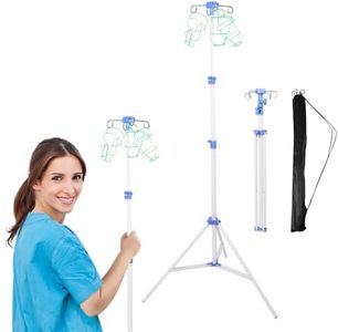 2 Pcs WONDSIGHIN Foldable IV Pole with Portable Bag, Collapsible IV Pole Stand with 3 Nets for Drip Bag, Tripod IV Pole Stand Adjustable, 4 Hooks for Nursing Clinic Home Care Travel, Stable, White
