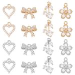 SUPERFINDINGS 16Pcs 4 Styles Cubic Zirconia Pendant Charms 18K Gold Plated Heart Bowknot Flower Cherry Charms Crystal Rhinstone Brass Pendant for Jewelry Making