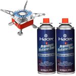 Hacer Portable Camping Gas Stove for Travel with Butane Gas Cylinder, Foldable Furnace & Refill Canister Kit, Lightweight Gas Burner for Hiking & Emergency Cooking Use (2 Gas Refill + 1 Stove)