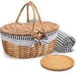 Gandeer Picnic Supplies Set Basket with Lid and Handle Picnic Blankets Mats and Bamboo Plates Wicker Picnic Basket Sturdy Woven Body with Washable Lining for Camping (Grey)