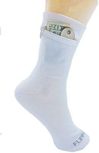 Flippysox Zipper Sock Wallet - Cotton/Polyester - Fits shoe size 6-13, White, 7.5