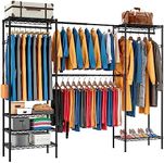 Expandable Wardrobe and Closet Organizer Freestanding Clothes Rail with 6 Storage Shelves Heavy Duty Garment Rack with Double Hanging Rods Wardrobe Clothing Rack with 8 Hooks