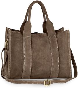TAKEASY Italian Genuine Suede Tote Bag for Women with Adjustable Strap & Leather Trim | Structured Medium Shoulder Purse (Tobacco)