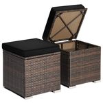 RELAX4LIFE 2-Pieces Outside Rattan Ottomans - Patio Wicker Footstools with Storage Space, Removable Cushions, Multifunctional Hand-Woven Outdoor Side Tables, Additional Seats and Footrest (Black)