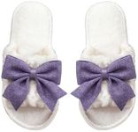 OYOANGLE Women's Cute Bow Decor Fuzzy Open Toe Indoor Home Slippers Fashionable Warm Comfy Furry Outdoor Slippers Purple 7.5