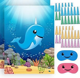 NEBURORA 2 Pack Pin The Horn on The Narwhal Party Game 2 Large 21"x 28" Posters with 48pcs Stickers Ocean-themed Birthday Party Supplies Decorations for Kids Boys Classroom Game Wall Home Decor