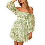 Senllen Women's Lantern Sleeve Tie Back Dress Ruffled Off The Shoulder A-Line Summer Mini Dress Green Floral, Green Floral, Medium