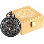 ManChDa Antique Mechanical Pocket Watches for Men Lucky Dragon Phoenix with Luxury Golden Wooden Pocket Watch Box and Chains for Mens Women