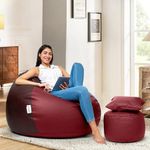 Amazon Brand - Solimo 4XL Premium Faux Leather Bean Bag with Footstool & Cushion Combo for Living Room | Bean Bag Filled with Beans | Capacity Upto 6'5" Height & 125 Kg Weight | (Brown & Tan)