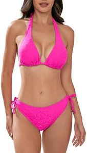 Women's Bikini Sets Two Piece Bathing Suits Sexy Textured Halter Padded Bikini Swimsuits Side Tie Thong Bottom Swimwear, C-pink, XX-Large