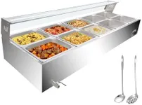 10-Pan Commercial Food Warmer, 120 Qt Electric Steam Table, Stainless Steel Bain Marie with Tempered Glass Cover, 1500W Countertop Food Warmer 86-185°F Temp Control for Catering, Restaurant, Silver