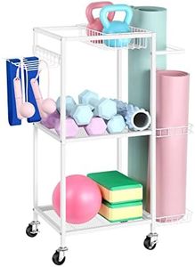 Weight Rack for Dumbbells Yoga Mat Storage Rack Home Gym Equipment Storage Rack Workout Equipment Storage Cart with Hooks for Yoga Mats, Dumbbells, Kettlebells, and Resistance Bands, White