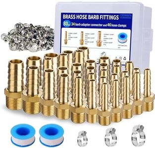 34Pcs Brass Hose Barb Fittings Kit - 3/16", 1/4", 5/16", 3/8", 1/2" Barb to 1/8", 1/4", 3/8" NPT Male Adapter with 46Pcs Clamps & 2 Teflon Tapes for Air Fuel Water Line