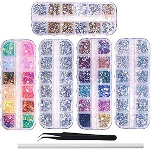 6400pcs Nail Art Rhinestones Nail Crystal Gems Nail Diamonds, Gold Silver Nail Art Studs Colorful Nail Sequins & Rhinestones for Nails Kit with Tweezers and Wax Pen for Nail Art Supplies Accessories