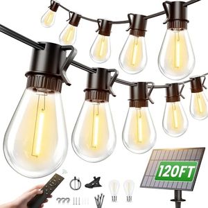 Torkase Solar String Lights Outdoor, 120FT 30+2 Shatterproof S14 LED Bulbs, Waterproof, USB Rechargeable, 2200K Warm White, Energy-Saving Hanging Patio Lights for Garden, Porch, Bistro, Deck, Market