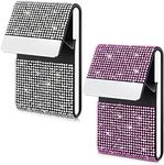 Woanger 2 Pcs Rhinestone Business Card Holder Bling PU Leather Business Card Case Pocket Credit Card Holder for Women Business Card Wallet Name Card Holder Purse with Magnetic Closure, White Pink