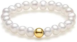 Natural Pearl Ring for Women 18CT 750 Yellow Gold Ring Adjustable Ring Stretch Beaded Ring Real Freshwater Pearl Ring with Gifts Box for Lady Mum Girlfriend Anniversary Birthday Gift for Her