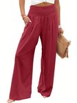 ANRABESS Women Linen Palazzo Pants Summer Boho Wide Leg High Waist Casual Lounge Pant 2024 Beach Travel Vacation Outfits Red Large