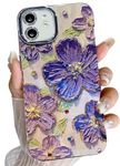 mobistyle Designed for iPhone 12 |Women Girls, Colourful Retro Oil Painting Floral Design Shiny Bling Diamond Camera Protection Sides TPU Phone Back Cover Case [Purple]