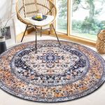 KOZYFLY Washable Round Rugs 5Ft Brown and Navy Boho Entry Rug, Non Slip Circle Dining Rugs 5'X5', Faux Wool Rugs for Bedroom, Tufted Printed Indoor Carpet for Bedroom Living Room Entryway Dining Room