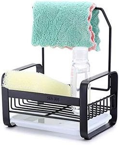 JUXYES Stainless Steel Sponge Holder with Dishcloth Drying Rack, Kitchen Sink Organizer Caddy Tray Sponge Brush Soap Holder with Removable Drain Tray for Kitchen (S, Black)