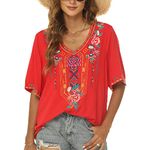 Mexican Embroidered Tops for Women Summer Short Sleeve Boho Shirts Peasant Blouses, Loose Fitting Bohemian Top Hippie Clothes, 7-red, XX-Large