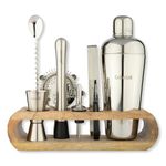 Car-O-Bar Steel Bar kit with Stand | Bar Set for Home - 10 Piece Bartender Kit :Cocktail Shaker, Bar Spoon, Jigger, Muddler, Strainer, Wine & Beer Bottle Opener, 2 Pour Spouts, Tong, Wooden Stand