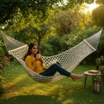 UGAOO Mayan Cotton Rope Hammock for 2 Persons | Handmade Cotton Swing with Hardwood Bars | Indoor & Outdoor Hammock for Adults & Kids | Balcony, Garden | Ivory, 200 x 100 cm | 100 kg Capacity