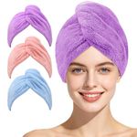 Laicky 3 Pack Microfiber Hair Drying Towel Wrap Super Absorbent Twist Turban Fast Dry Hair Caps with Buttons Bath Loop Fasten Salon Dry Hair Hat (Blue Pink Purple)