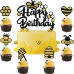 13Pcs Bee Cake Toppers Glitter Heart Honeycomb Cake Decoration Bee Party Decorations for Kids Girls Boys Birthday Baby Shower Honey Bee Themed Party Supplies Cake Decor