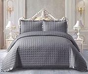 Prime Linens Quilted Bedspread Bed Throw 3 Piece Bedding Set Includes Comforter and 2 Pillow Cases Bedroom Décor Embossed Quilt Bedding Set Osca (Grey, King)