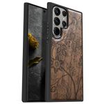 Carveit Wood Case for Galaxy S24 Ultra Case 2024 [Natural Wood & Black Soft TPU] Shockproof Protective Cover Unique Wooden Case Compatible with Samsung S24 Ultra (Floral Wallpaper-Walnut)