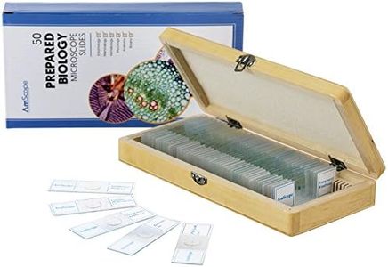 AmScope PS50A Prepared Microscope Slide Set for Basic Biological Science Education, 50 Biology and Pathology Slides, Includes Fitted Wooden Case