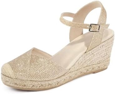 Qonetic Women's Closed Toe Platform Sandals Summer Buckle Ankle Strap Espadrilles Wedge Sandals, Gold, 7 US