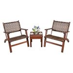 HAPPYGRILL 3 Piece Patio Conversation Set Eucalyptus Wood Chair with Rattan Wicker Back & Seat, Ergonomic Curved Design, Patio Bistro Set with Compact Coffee Table for Poolside Backyard Garden