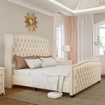 Jocisland Queen Platform Bed Frame with Wingback Headboard, Velvet Upholstered Bed Frame with Handmade Button Tufted & Nailhead, Wooden Slats Support, Cream