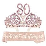 DORADREAMDEKO 80th Birthday Sash and Tiara for Women - Fabulous Glitter Sash + Forest Rhinestone Gold Premium Metal Tiara for Her, 80th Birthday Gifts for 80 Celebration, birthday queen sash