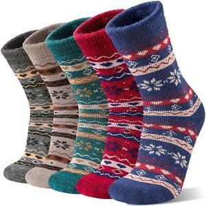Sandsuced Wool Warm Socks for Women Winter Hiking Thick Boot Thermal Cabin Cozy Crew Work Soft Ladies Socks 5 Pack（Stripe Snowflake）