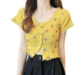 ICW Women's Korean Style Round Neck Half Sleeve Button-Up Floral Knitted Crop Top T-Shirt for Girls DN286 (Yellow)