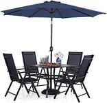 PHI VILLA 5 Piece Patio Dining Set with 9 FT Patio Umbrella, Outdoor Dining Table and Chairs Set with Adjustable Patio Folding Chairs & Square Metal Dining Table, Navy Blue Umbrella (No Base)